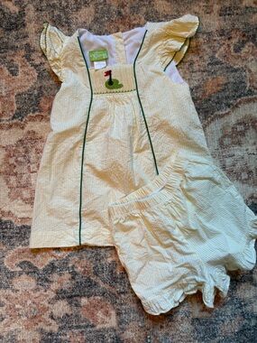 Classic Whimsy Yellow Seersucker outfit with Green Trim 5